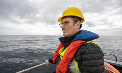 Keir Starmer, on a boat during a visit to the Beatrice wind farm, off Caithness, Scotland, on Friday.