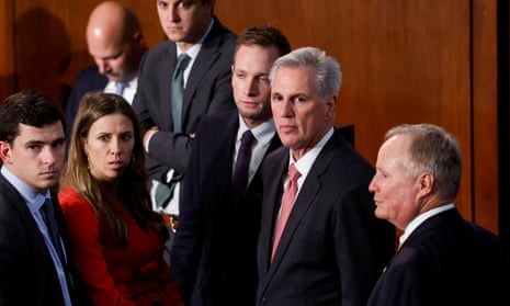 House Republican leader Kevin McCarthy (second from right) with staffers during the ninth round of voting at the US Capitol in Washington, Thursday 5 January.