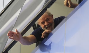Brazilâs former President Luiz Inacio Lula da Silva waves to supporters from a window of the Metal Workers Union headquarters in São Bernardo do Campo, Brazil, before he was later jailed for corruption on the same day.