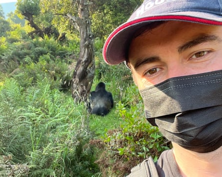 Patrick Greenfield in Mount Muhabura in Uganda, a mountain gorilla is seen in the background