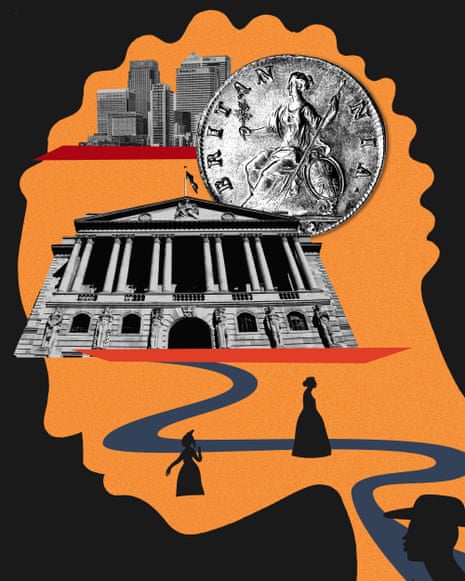 An illustration showing the financial district skyline in London, a British coin from the 1700s and the Bank of England.