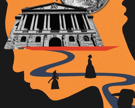 Une illustration montrant la silhouette du quartier financier de Londres, une pièce de monnaie britannique du XVIIIe siècle et la Banque d'Angleterre.