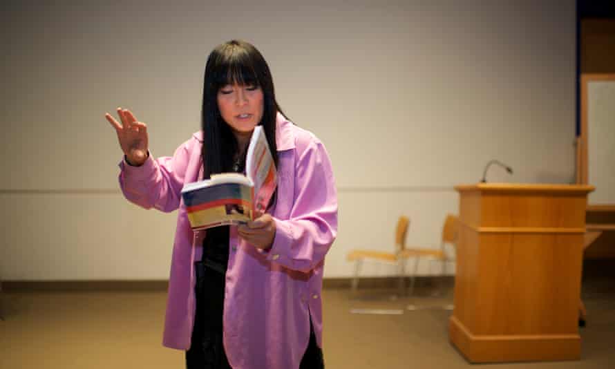 Ryka Aoki gives a speech at Watson Theater of Syracuse University.