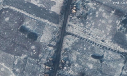 A satellite view showing dragon’s teeth across a road south of Pokrovske.