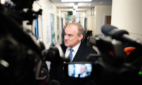Lib Dem leader Sir Ed Davey facing the press during a visit to a primary school in Stockport on January 12.