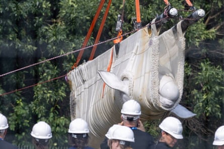Beluga whale Sierra is transported by a group of experts from Marineland and several US aquariums on to a truck at Marineland in Niagara Falls.
