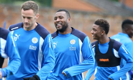 Wes Morgan takes part in a Leicester City training session over the Easter weekend.