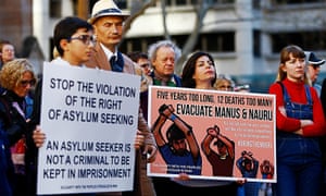 Protesters call for an end to Australia’s offshore detention of asylum seekers on Nauru and Manus Island in Sydney in July.