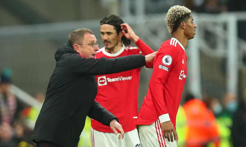 Ralf Rangnick (left): “We didn’t play as aggressively as we needed to against the ball in terms of counter-pressing.” 