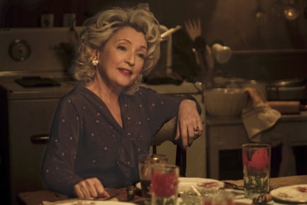 Lesley Manville with platinum blonde, curly hair in Let Him Go.