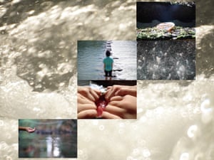 Small photos on a backdrop of rushing water