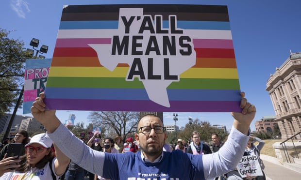 A rally in Austin against Governor Greg Abbott's directive to state health agencies to investigate gender-affirming care to transgender youths as child abuse. 
