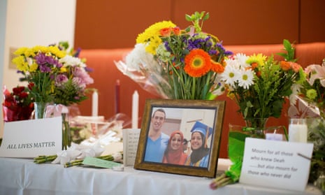 A makeshift memorial for Deah Barakat, Yusor Abu-Salha and Razan Abu-Salha in the University of North Carolina School of Dentistry in Chapel Hill, on 11 February 2015. 