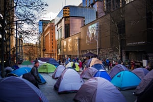 A tent city housing homeless people in Sydney’s Martin Place is adjacent to the Reserve Bank of Australia and outside the NSW Parliament House. 