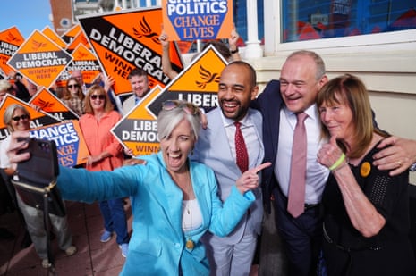 Left to right: Liberal Democrat deputy leader Daisy Cooper, party president Josh Babarinde and party leader Ed Davey outside the Brighton centre, the conference venue, today.