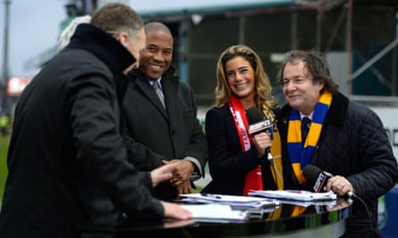 Carolyn Radford and her husband John, Mansfield’s chairman, right, talk to an ESPN panel including John Barnes before an FA Cup game against Liverpool in 2013.