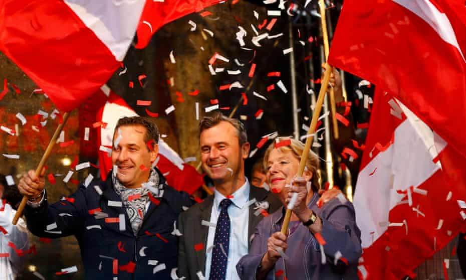 Left to right: Freedom party leader Heinz-Christian Strache, candidate Norbert Hofer and party member Ursula Stenzel attend Hofer’s final rally in Vienna on 20 May. 