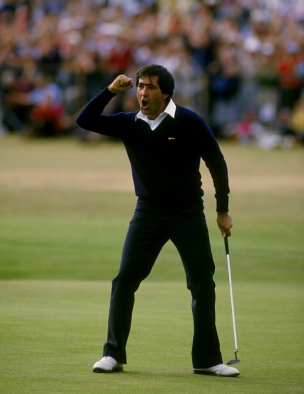 Seve Ballesteros strikes his now famous pose after holing his winning putt on the 18th.