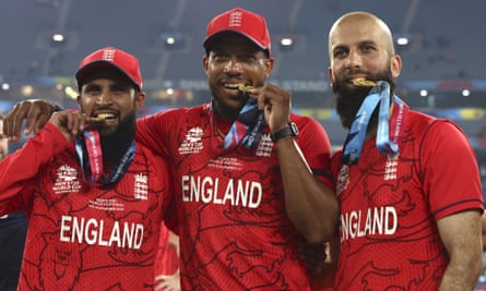 Left to right: England's Adil Rashid, Chris Jordan and Moeen Ali celebrate after England’s win over Pakistan