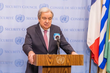 UN secretary general António Guterres speaks to the press about the situation in Gaza at the UN headquarters in New York.