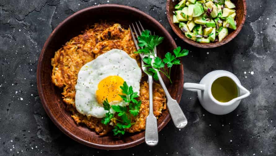 Latkes with fried egg and avocado salsa.
