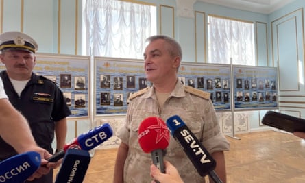 Admiral Viktor Sokolov, the commander of Russia’s Black Sea Fleet, speaks with journalists during an interview at a military sports facility in Sevastopol, Crimea, in this still image taken from video released on 27 September 2023.