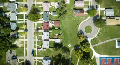 An aerial shot of 8 Mile: at one point this area was segregated, with black people living on the right and white people living on the left. Now, the entire neighbourhood is African American.