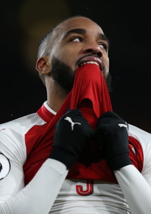 Arsenal’s Alexandre Lacazette takes a bite of his shirt in frustration during the match against Newcastle, which the home side won 1-0 at the Emirates. Arsenal have won 13 of their last 14 home Premier League games, losing the other one to Manchester United.