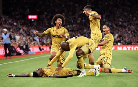 Marc Guehi celebrates his top-corner curler for Palace against Aston Villa.