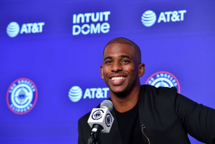 The Clippers introduce Chris Paul during a press conference in July at Intuit Dome in Los Angeles.