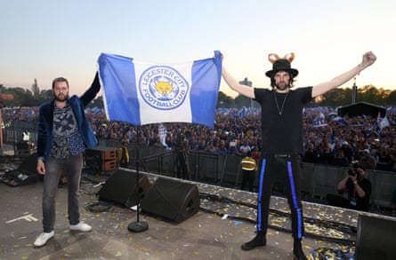 Sergio Pizzorno poses with fellow Leicester fan, and bandmate, Tom Meighan at Victoria Park, Leicester