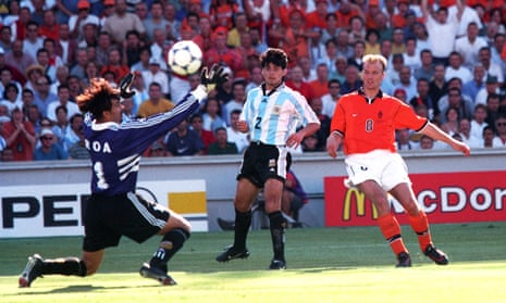 Dennis Bergkamp scores a spectacular winning goal for the Netherlands against Argentina at the 1998 World Cup.