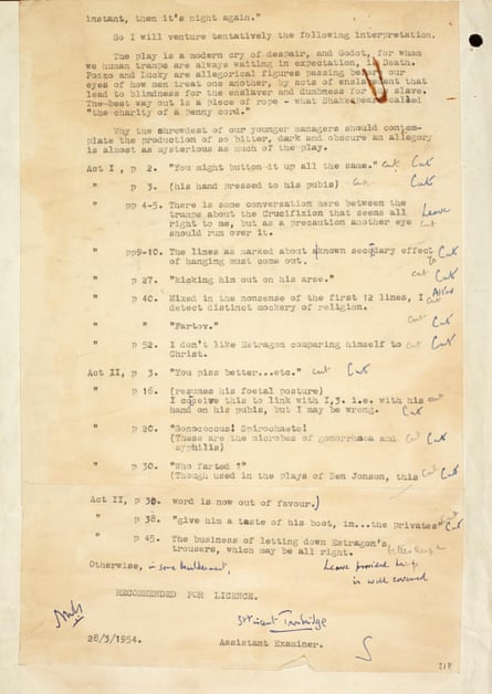 Cutting remarks … part of the Lord Chamberlain’s report on Waiting for Godot in 1955.