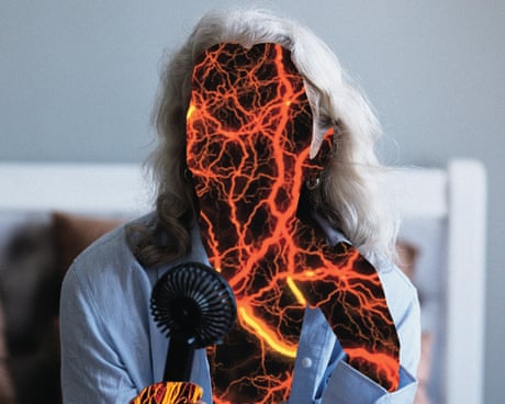 Bolts of orange lightning cover woman's face with black hand-held fan pointed at her