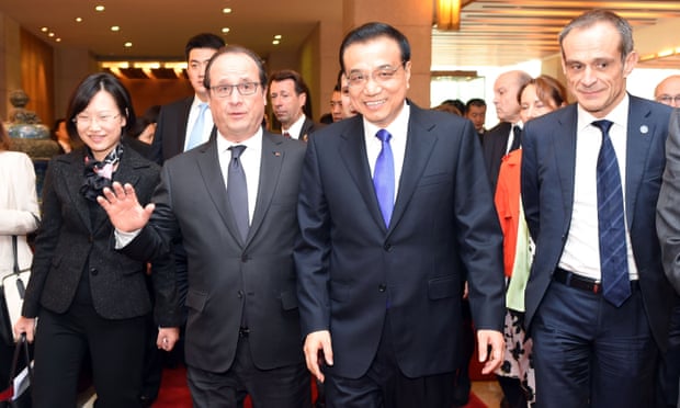 Chinese premier Li Keqiang, second from right, and French president François Hollande, second from left, in Beijing.