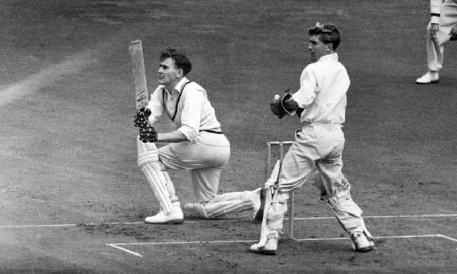 Raymond Illingworth batting for Yorkshire in 1961. The Lancashire wicket-keeper is Alan Wilson.