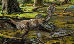 An artistic reconstruction, showing the last-ditch struggle of Tongtianlong limosus as it was mired in mud, interpretation for how the specimen was killed and buried.