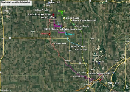 Map indicating potential spread of toxic agricultural waste from Mead, Nebraska.