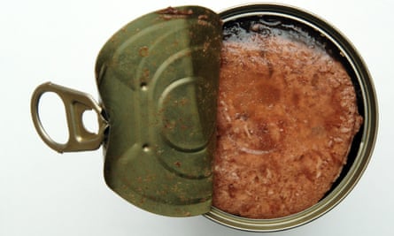 Cat food. An open tin of cat food seen directly from above, on a white table top.