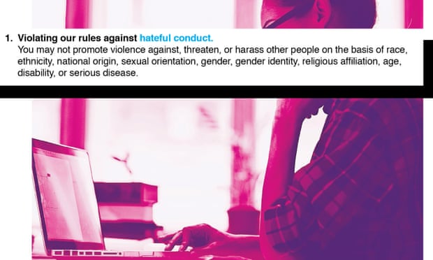 a woman looking at a laptop with a definition for 'hateful conduct' superimposed over the image