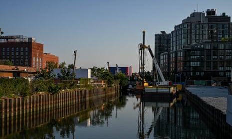 Sheeting and shoring equipment parked on the Gowanus Canal near the Union Street bridge in Brooklyn. 