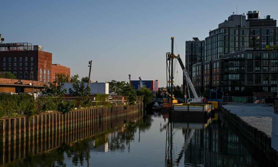 Sheeting and shoring equipment parked on the Gowanus Canal near the Union Street bridge in Brooklyn.