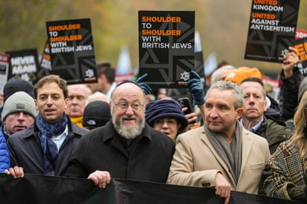 The front of the Anti-Semitism March was led by the Chief Rabbi of the UK Ephraim Mirvis, pictured here with the actor Eddie Marsan.