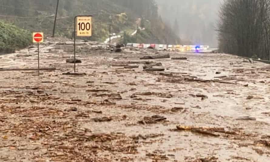 A view of a road near Popkum following mudslides and flooding in British Columbia, Canada on 14 November 2021.