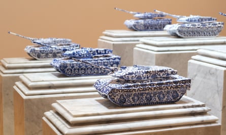 Wasinburee Supanichvoraparch’s porcelain tanks at the Bangkok Biennale.