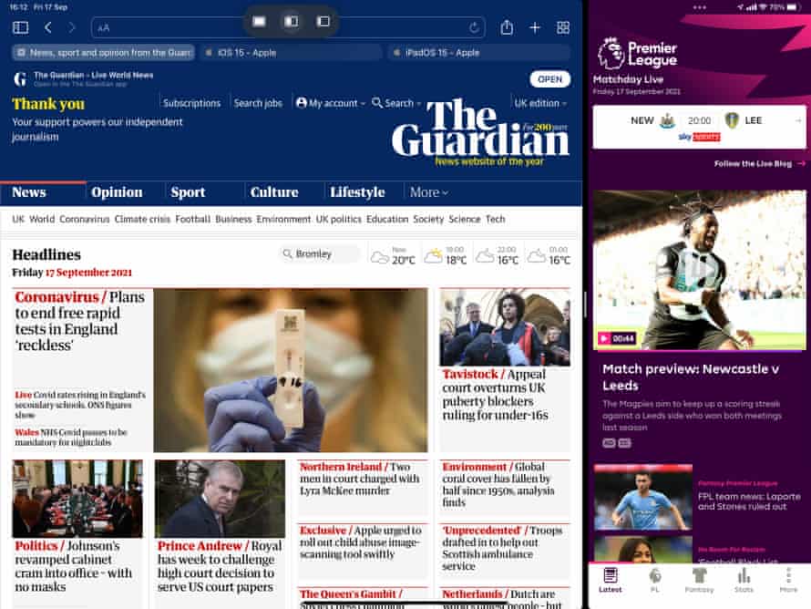 Multitasking menu at the top of the screen