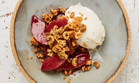 Quince cheesecake with amaretti and hazelnut crumble. Photographs by Louise Hagger for the Guardian. The Guardian. Food styling: Emily Kydd. Prop styling: Jennifer Kay.
