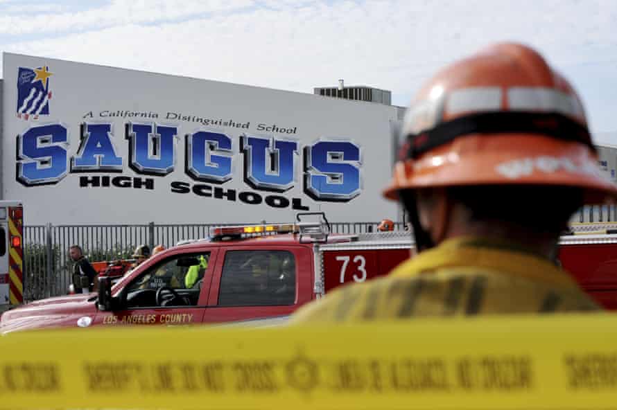First responders at Saugus high school, where at least two students were killed on Thursday.