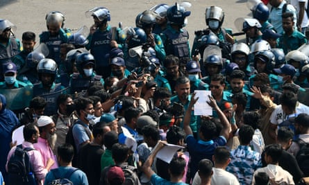 Protesters injured in the uprising that topple Hasina block a road at Shahbagh Square in Dhaka on February 17, 2025, demanding recognition for the injured and security assurances.