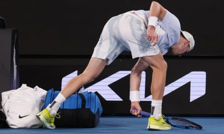 Jack Draper smashes his racket after losing the third set against Aleksandar Vukic.